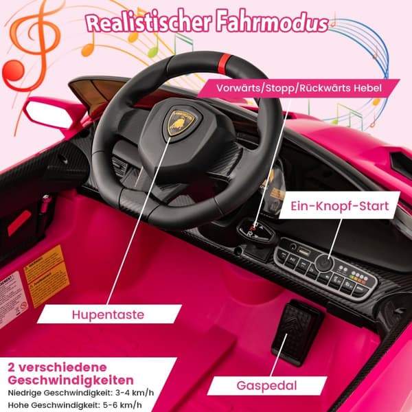 Sähköauto lapsille, Lamborghini kauko-ohjauksella & LED-ajovalot & äänitorvi & musiikki, 111x61x45 cm, pinkki
