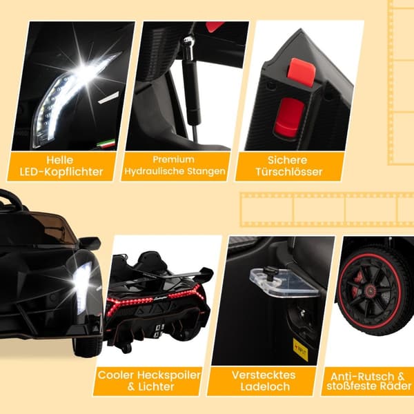 Sähköauto lapsille, Lamborghini kauko-ohjaimella & LED-ajovalot & äänitorvi & musiikki, 111x61x45 cm, Musta