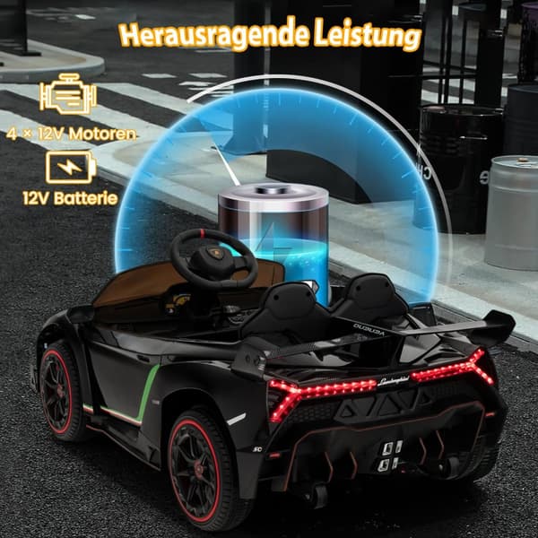 Sähköauto lapsille, Lamborghini kauko-ohjaimella & LED-ajovalot & äänitorvi & musiikki, 111x61x45 cm, Musta