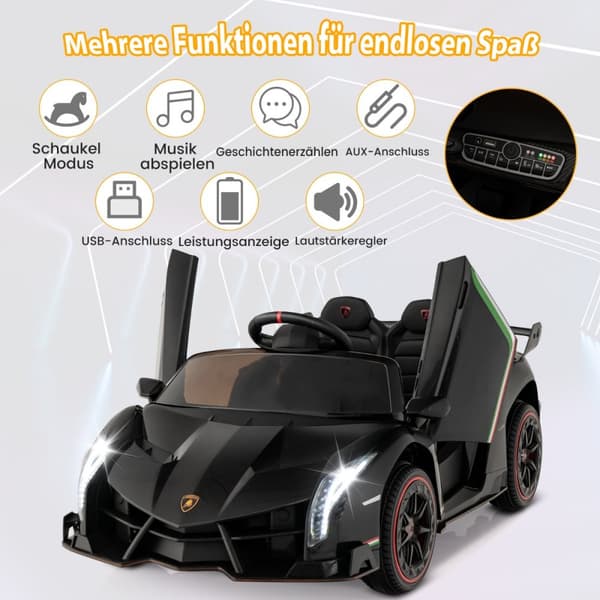 Sähköauto lapsille, Lamborghini kauko-ohjaimella & LED-ajovalot & äänitorvi & musiikki, 111x61x45 cm, Musta