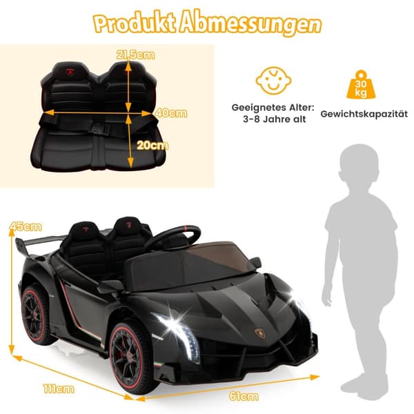 Sähköauto lapsille, Lamborghini kauko-ohjaimella & LED-ajovalot & äänitorvi & musiikki, 111x61x45 cm, Musta