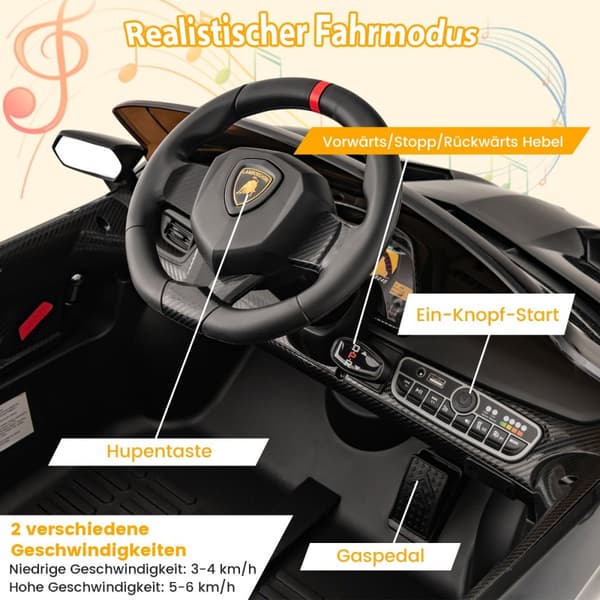 Sähköauto lapsille, Lamborghini kauko-ohjaimella & LED-ajovalot & äänitorvi & musiikki, 111x61x45 cm, Musta