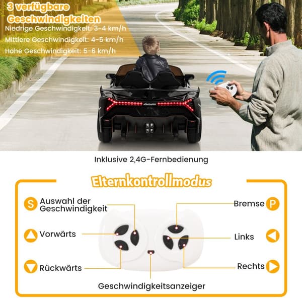 Sähköauto lapsille, Lamborghini kauko-ohjaimella & LED-ajovalot & äänitorvi & musiikki, 111x61x45 cm, Musta
