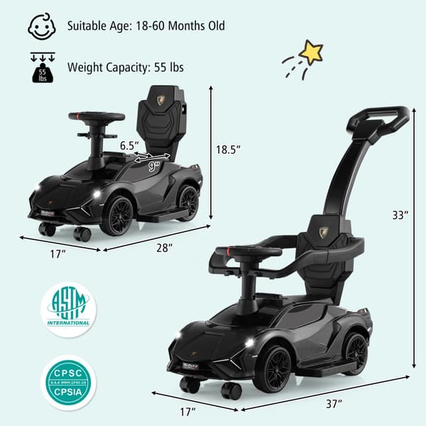 Ajettava kävelyvaunu lelukärry, Virallinen Lamborghini, 37x17x33 tuumaa, Musta