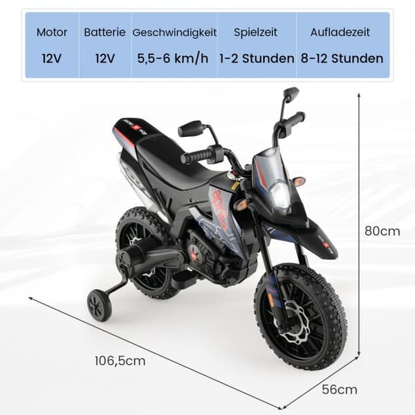 Lasten moottoripyörä, Aprilia sähköinen lasten moottoripyörä, 106.5x56x80 cm, sininen