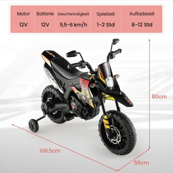 Lasten sähkömoottoripyörä, Aprilia, 106.5x56x80 cm, Musta