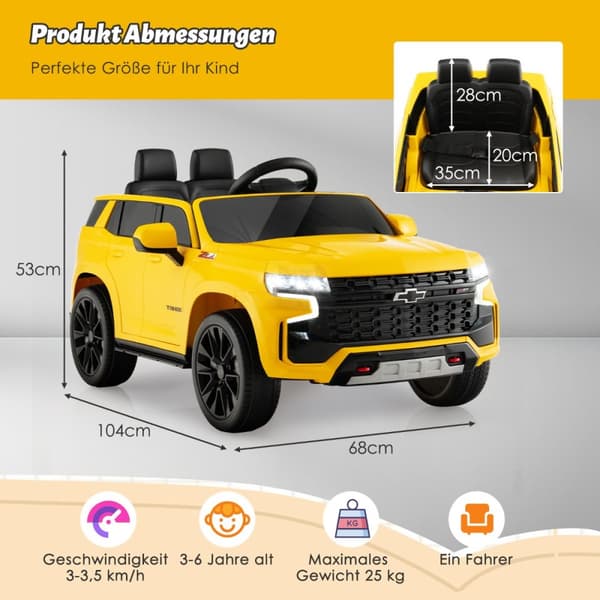 Lasten sähköauto, Chevrolet, 68x104x53 cm, Keltainen