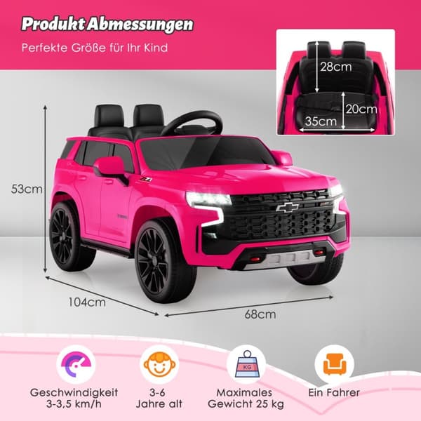 Lasten sähköauto, Chevrolet, 68x104x53 cm, vaaleanpunainen