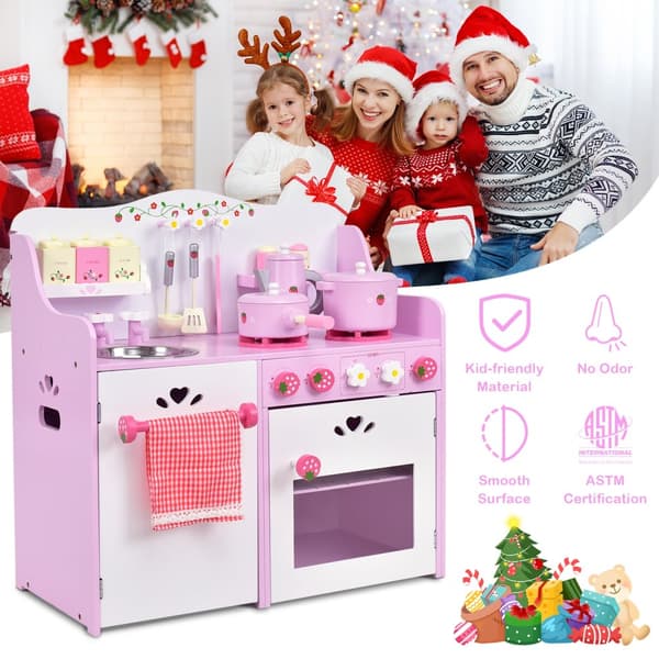 Køkkentøj, Børns Træ Køkkenleg, Jordbær Pretend Cooking Lege sæt, 23.6"x11.6"x24.4", Pink Hvid