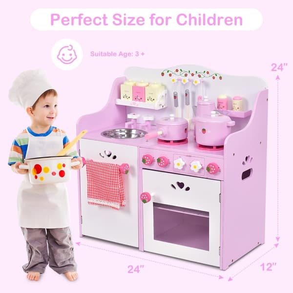 Køkkentøj, Børns Træ Køkkenleg, Jordbær Pretend Cooking Lege sæt, 23.6"x11.6"x24.4", Pink Hvid
