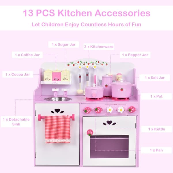 Køkkentøj, Børns Træ Køkkenleg, Jordbær Pretend Cooking Lege sæt, 23.6"x11.6"x24.4", Pink Hvid