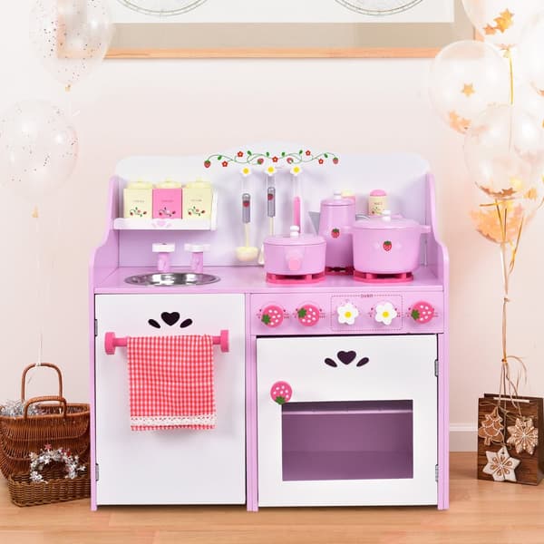 Køkkentøj, Børns Træ Køkkenleg, Jordbær Pretend Cooking Lege sæt, 23.6"x11.6"x24.4", Pink Hvid