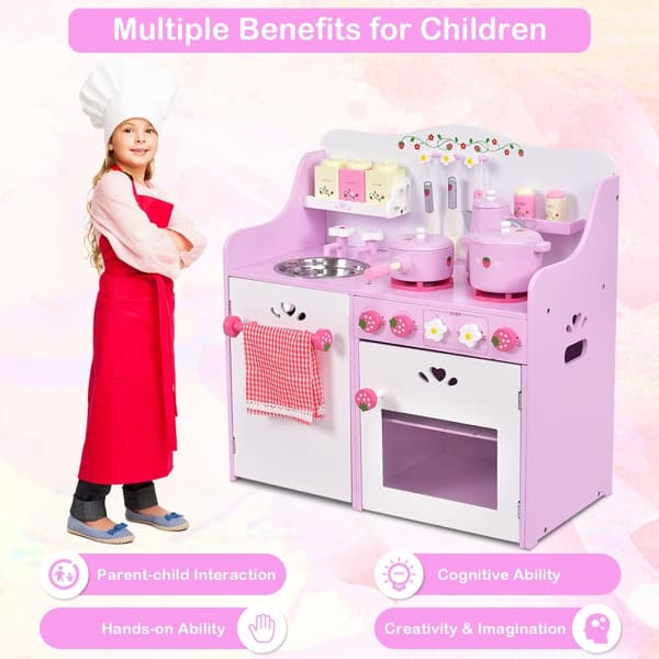 Køkkentøj, Børns Træ Køkkenleg, Jordbær Pretend Cooking Lege sæt, 23.6"x11.6"x24.4", Pink Hvid