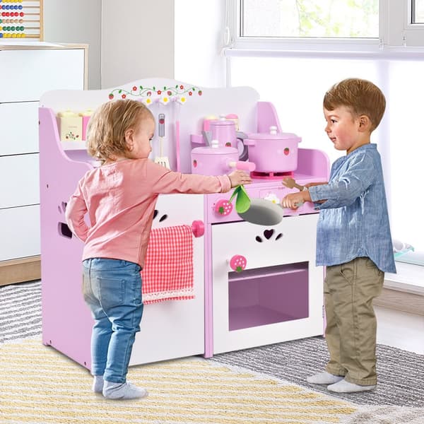 Køkkentøj, Børns Træ Køkkenleg, Jordbær Pretend Cooking Lege sæt, 23.6"x11.6"x24.4", Pink Hvid