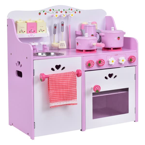 Køkkentøj, Børns Træ Køkkenleg, Jordbær Pretend Cooking Lege sæt, 23.6"x11.6"x24.4", Pink Hvid