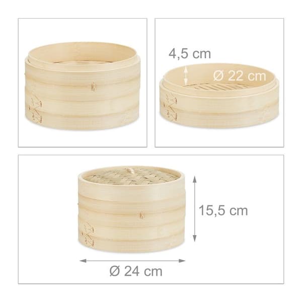 Relaxdays Bamboo Steamer Basket 24cm, 3-delad Steamer Basket, Lock Riskockare, Nature
