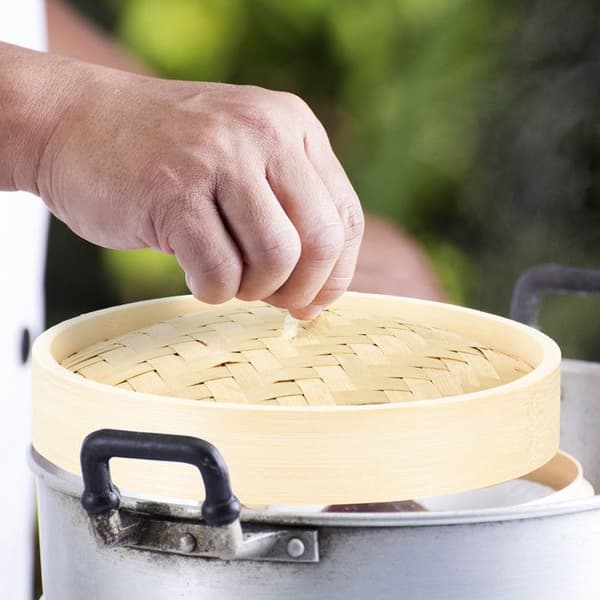 Relaxdays Bamboo Steamer Basket 24cm, 3-delad Steamer Basket, Lock Riskockare, Nature