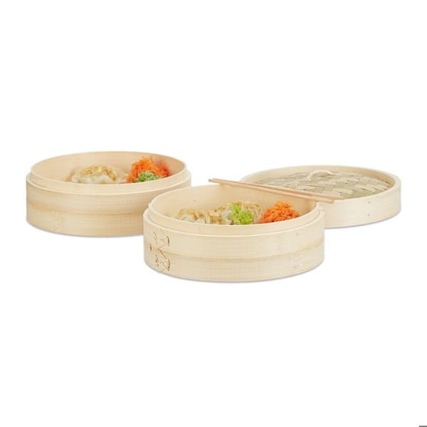 Relaxdays Bamboo Steamer Basket 24cm, 3-delad Steamer Basket, Lock Riskockare, Nature