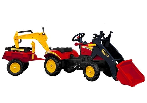 Benson röd traktor med släp och pedalskopa