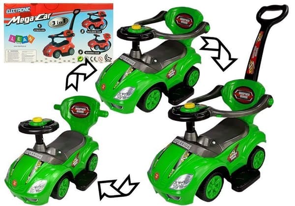 Mega Car 3in1 Green Ride-On med pusher