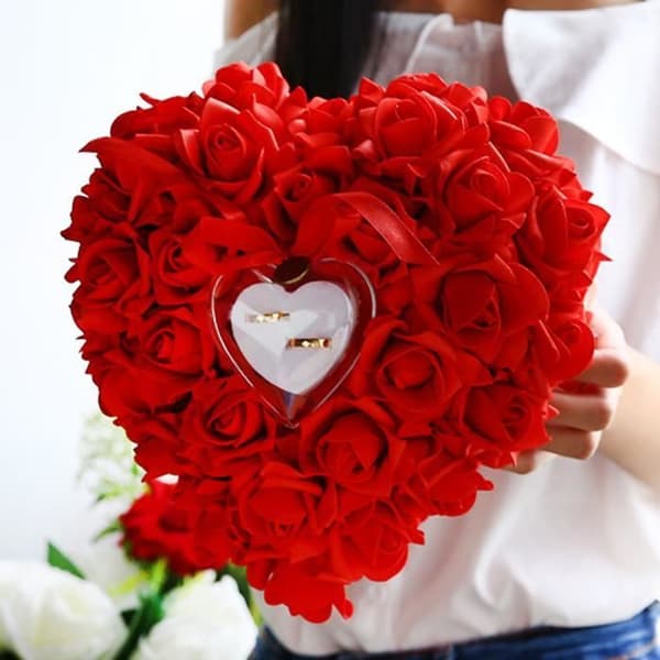 LOLO RED Romantic Heart Rose Box Ring Kudde Ring Kudde Elegant för bröllopsförlovning