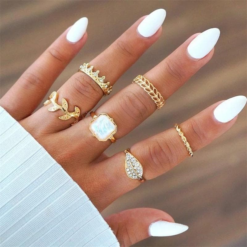 6-pack Boho Guld Ringar - Vita Rhinestones / Blad / Krona