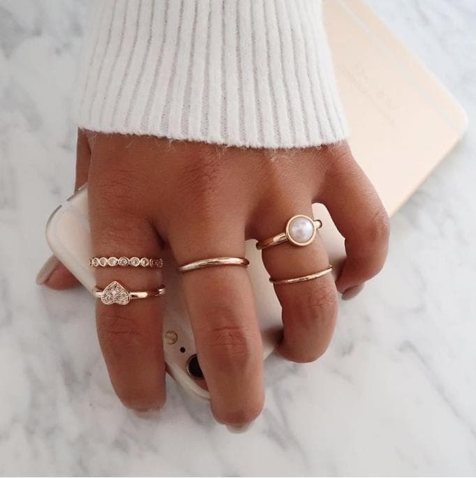 5-pack Boho Guld Ringar - Rhinestones / Hjärta / Pärla / Slät