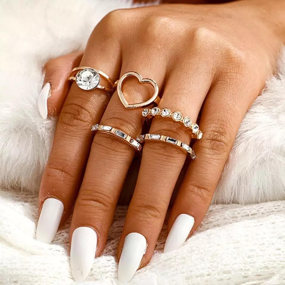 5-pack Boho Guld Ringar - Glittrande Vita Rhinestones & Hjärta