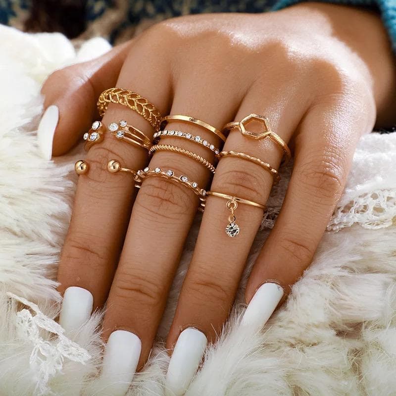 8-pack Boho Guld Ringar - Släta, Mönster, Kulor & Rhinestones