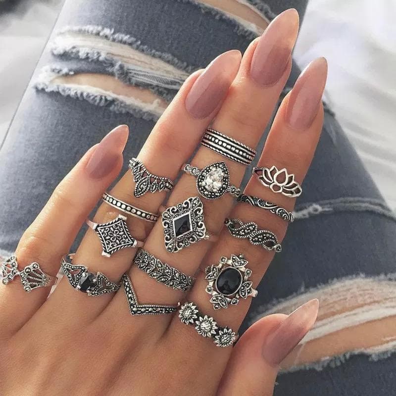 15-pack Boho Silver Ringar -Svarta Pärlor & Vit Rhinestone