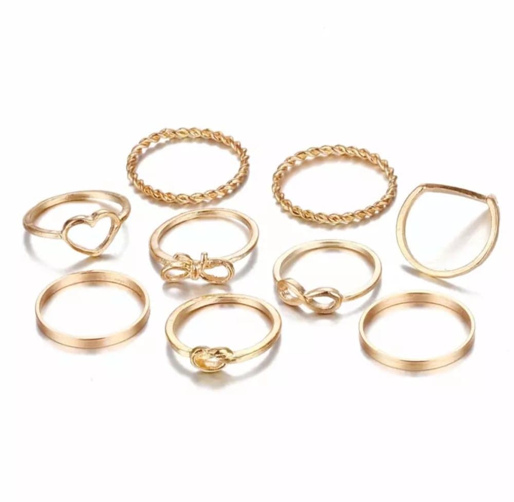 9-pack Guld Ringar - Släta Blanka, Tvinnade, Hjärta & Infinity