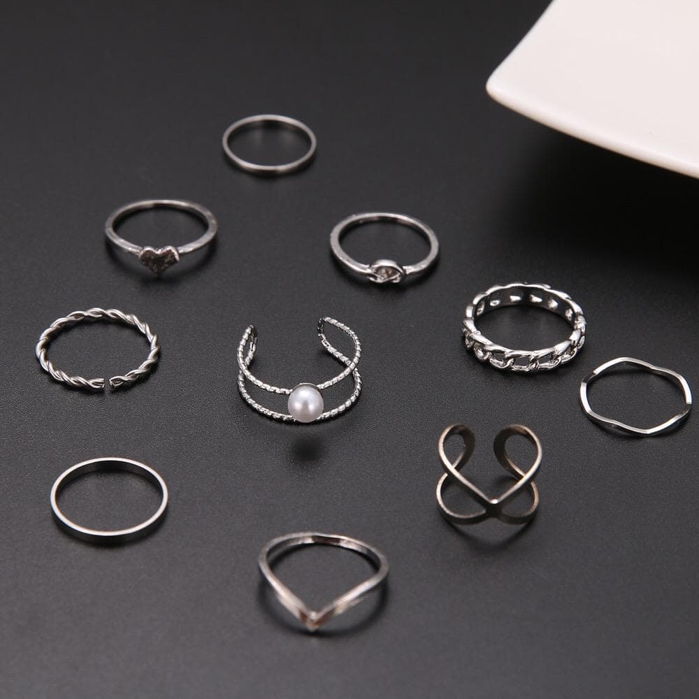 10-pack Boho Silver Ringar - Släta, Mönster, Hjärta & Vit Pärla