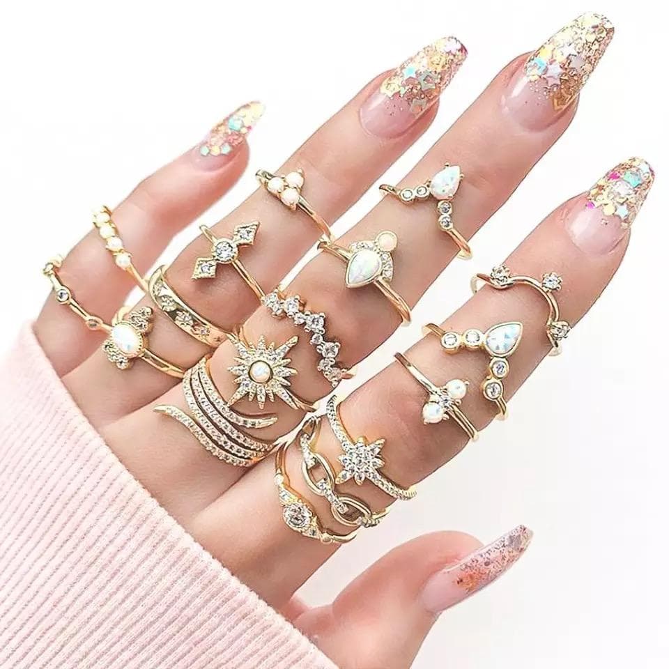 17-pack Boho Guld Ringar -Glittrande Rhinestones & Olika Mönster