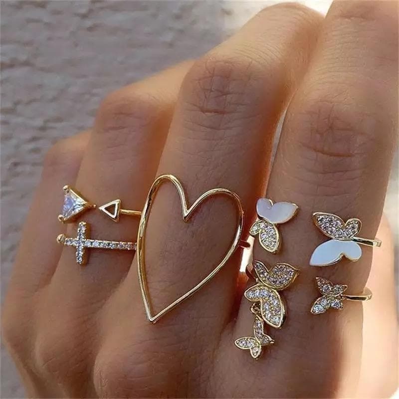 5-pack Boho Guld Ringar - Hjärta, Rhinestones, Fjärilar & Kors