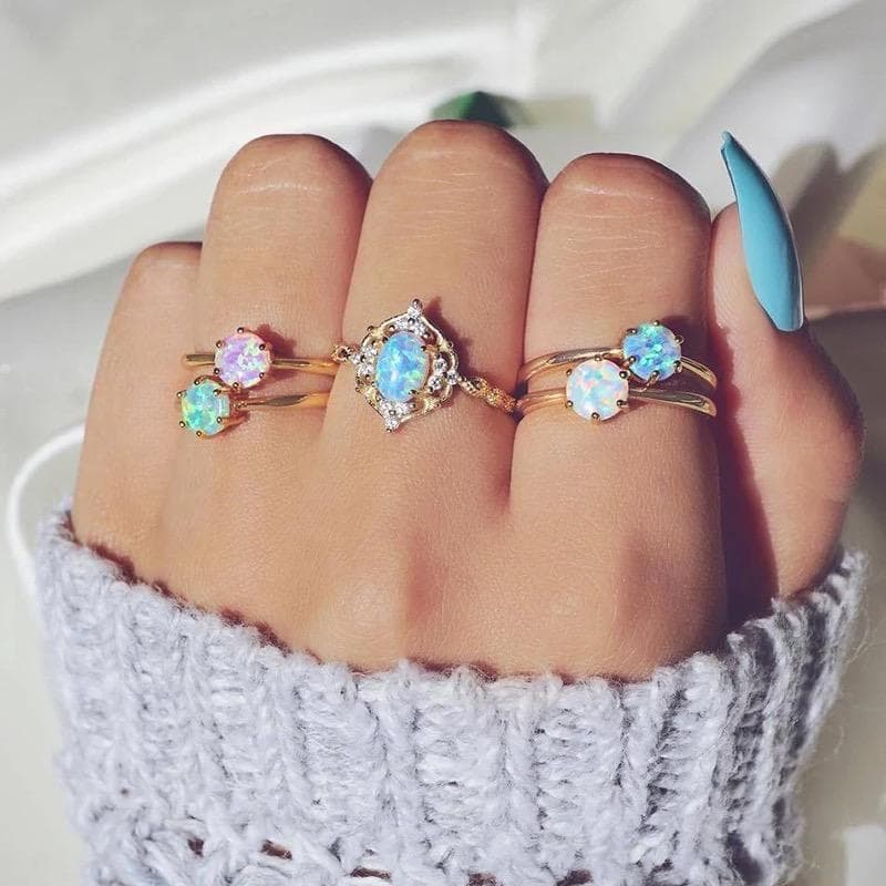 5-pack Boho Guld Ringar - Pärlor i Olika Färger & Rhinestones