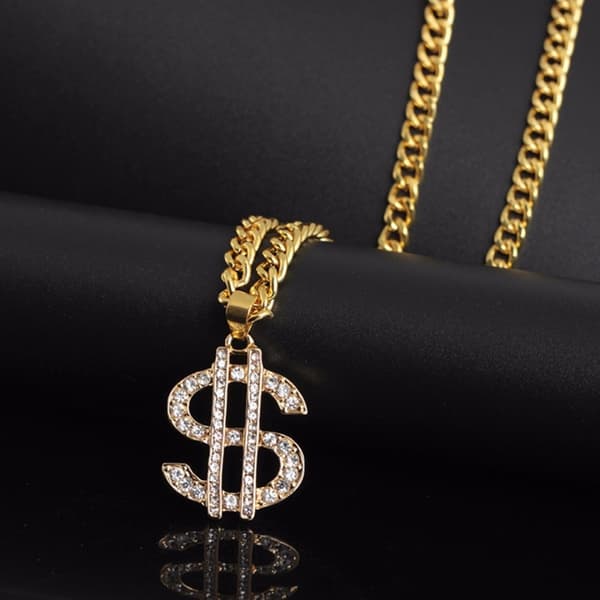 Halsband, Dollartecken, Guld med Kristaller