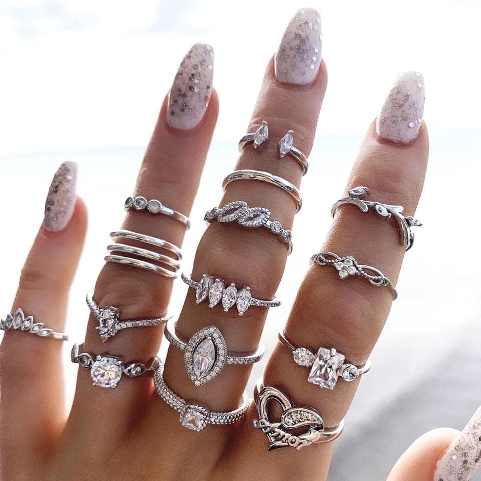 15-pack Boho Silver Ringar - Vita Rhinestones, Släta & Mönstrade