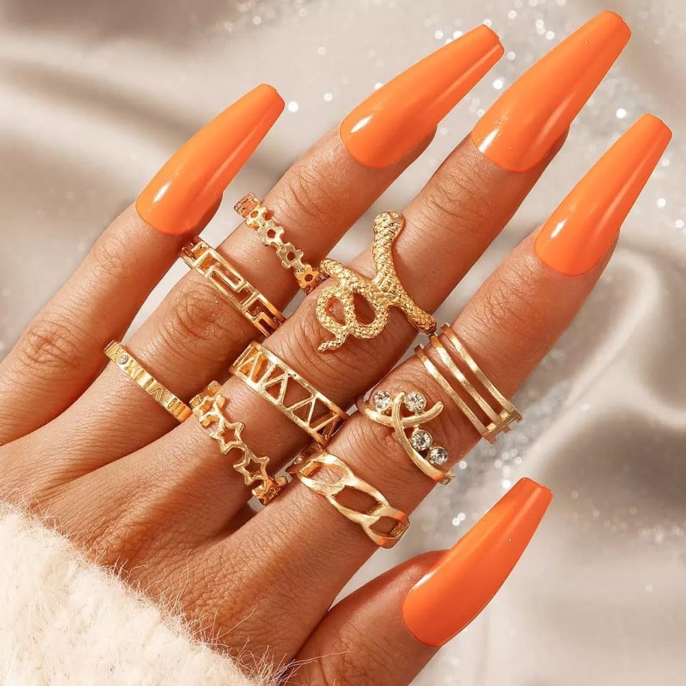 9-pack Boho Guld Ringar - Orm, Rhinestones, Stjärnor & Blommor