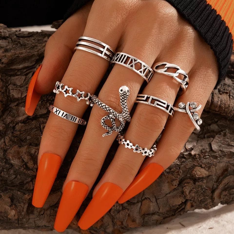 9-pack Boho Silver Ringar - Orm, Rhinestones, Stjärnor & Blommor