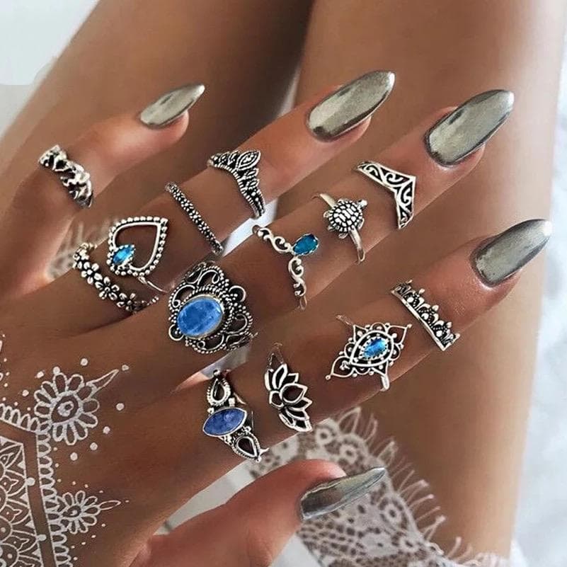 13-pack Boho Silver Ringar - Blå Rhinestones, Hjärta & Elefant
