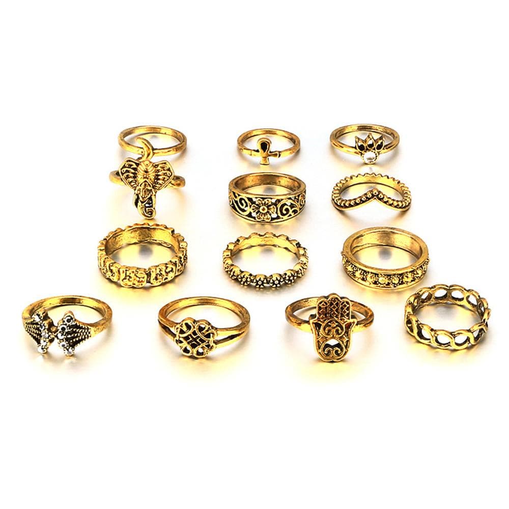 13-pack Boho Guld Ringar - Vit Pärla, Blomma & Elefant