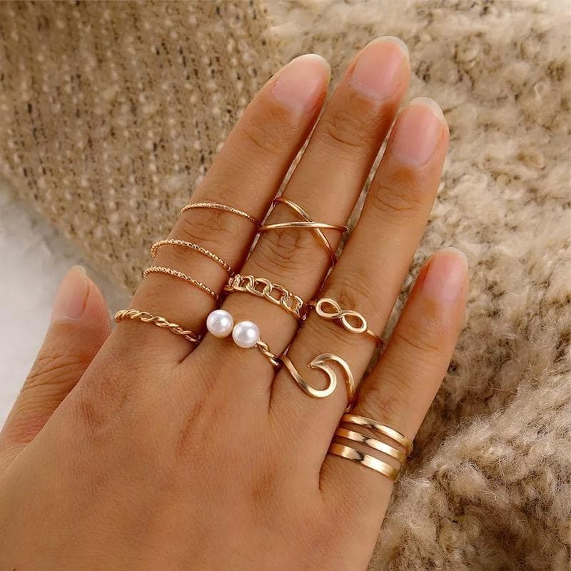 10-pack Boho Guld Ringar - Släta, Mönster, Infinity & Vit Pärla