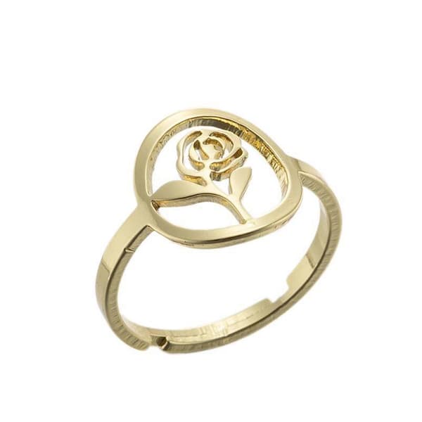 Guldpläterad ring med vacker blomma ros justerbar gåva