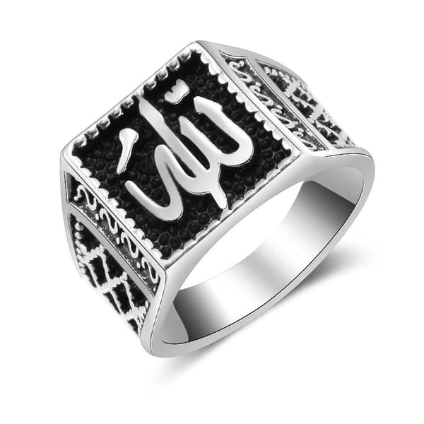 Islamisk ring för män med Allah silver svart etnisk stil US size 9: 19 mm i diameter