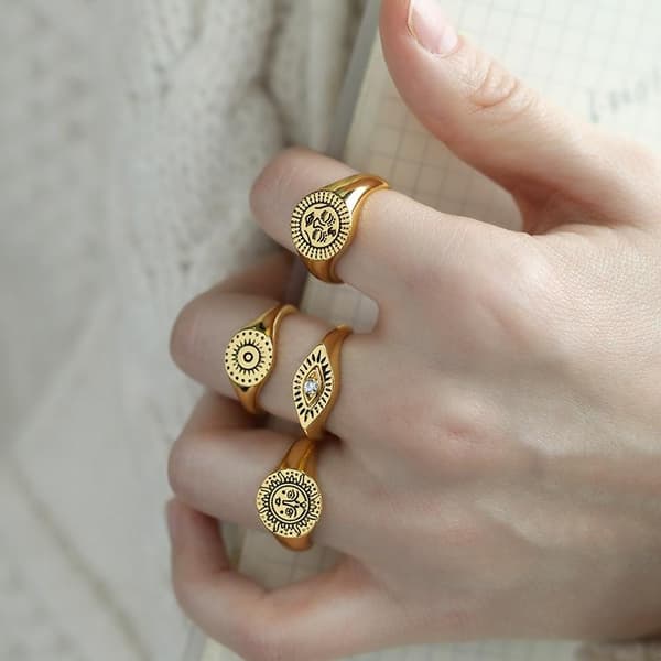 Ring med det onde øje nazar boho æstetisk guld sol motiv