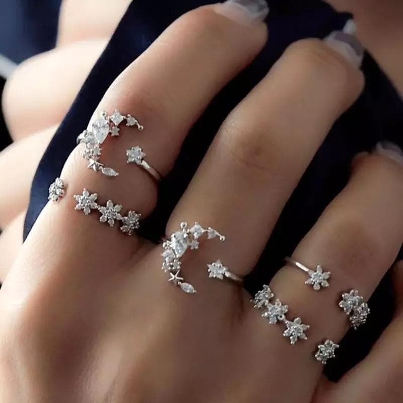 5-pack Boho Silver Ringar - Glittrande Rhinestones & Stjärnor