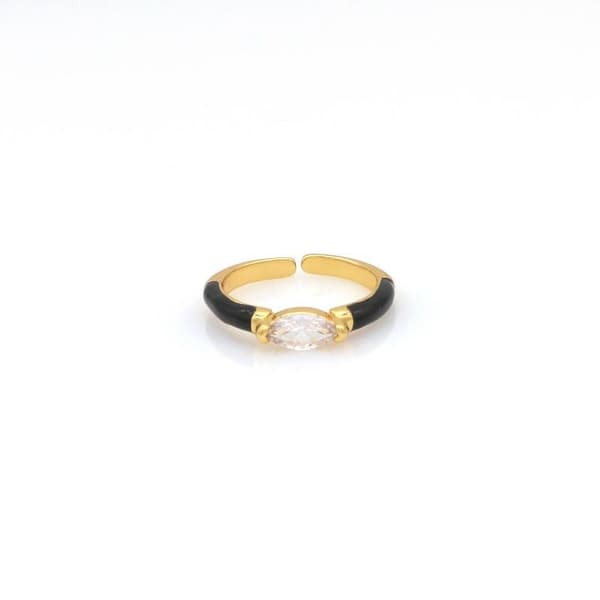 Kivellä säädettävä musta/valkoinen sormus ja emaloitu väri kullalla Black with oval shaped stone