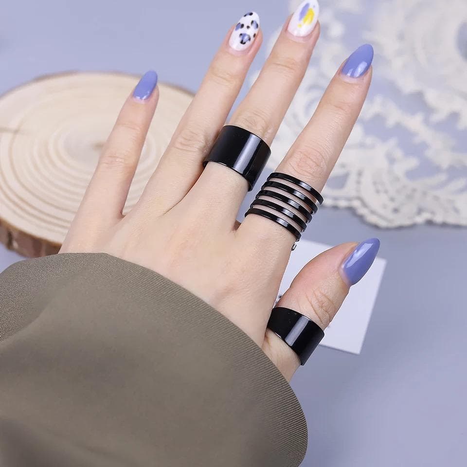 3-pack Boho Svarta Ringar - Släta, Blanka & Spiral - Justerbara