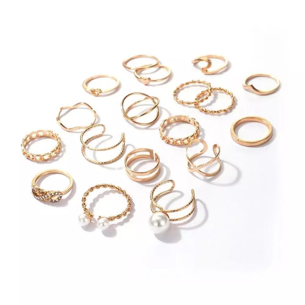 18-pack Boho Guld Ringar - Släta, Hjärta, Infinity & Vita Pärlor