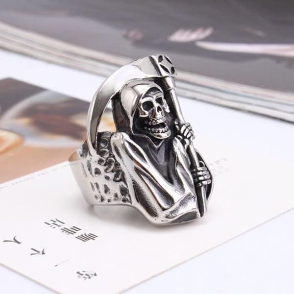 Big ring scythe man in silver death scythe skeleton scary for men